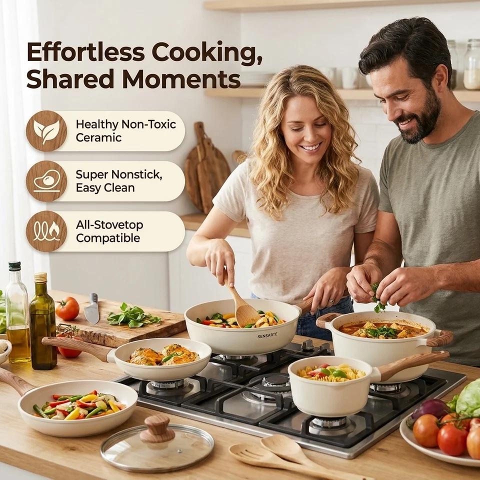 Warm kitchen lifestyle with feature icons